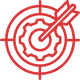 Cible rouge stylisée avec anneaux intérieurs engrenés, transpercée par une flèche. Symbole de précision et d'impact réussi.