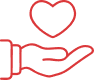 Symbole rouge minimaliste d'une main ouverte tendue vers le haut, avec un cœur flottant au-dessus, évoquant l'amour, le don et le soutien mutuel.