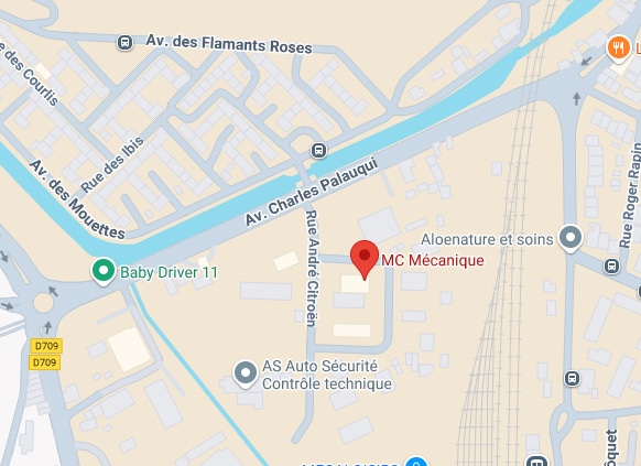 Plan de Carcassonne: MC Mécanique Rue André Citroën, Av. Charles Palauqui. Inclut Baby Driver 11, AS Auto Sécurité Contrôle technique.