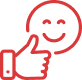 Icône rouge d'un pouce levé avec un visage souriant, symbolisant l'approbation, la satisfaction ou un feedback positif.