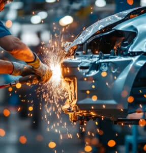 Un ouvrier soude une carrosserie de voiture, projetant des étincelles brillantes dans une usine de fabrication automobile.